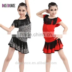 Girls Sexy Leopard Latin Dance Skirt Suits Children Kids Performance Latin Fringe Dress thumbnail-1
