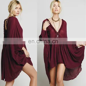 High Quality Raw Hem Cotton Gauze Dress Fashion High Low Tunic Dress thumbnail-1