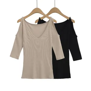Summer New Fashionable Casual V-neck off Shoulder Design Slim Fit Top Solid Color Mid Sleeve T-shirt thumbnail-1