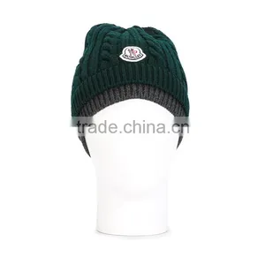 Dark Green Virgin Wool Cable Knit Beanie With a Front Patch Logo thumbnail-2