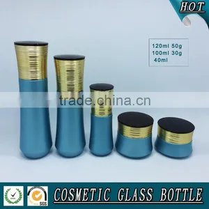 Bule Colored Cosmetic Glass Lotion Pump Bottle and Cosmetic Luxury Jar thumbnail-1