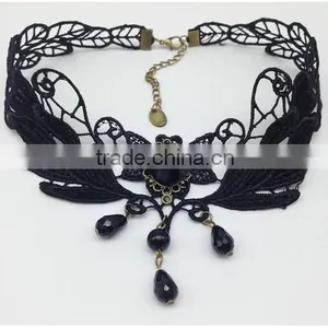 Handmade Flower Drop Pendant Black Lace Choker Necklace Goth Vintage thumbnail-2