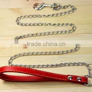 Pet Leashes Metal Chain Lead With Leather Handles thumbnail-1