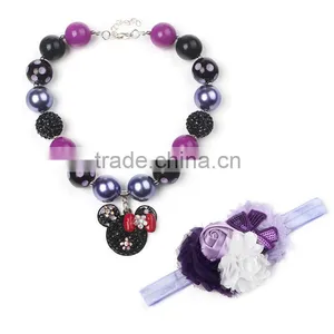 Purple Mickey Necklace and Satin Lace Flower Bowknot Hairband Baby Pendant Crystal Girl Necklace thumbnail-1