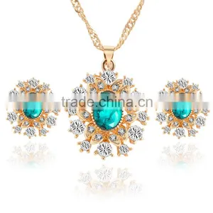 High Quality Big Green Stone Korea Wedding Necklace and Earring Sets Gold Jewellery thumbnail-1