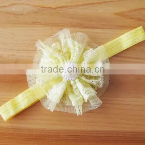 Lace Flower Headband With Pearl Rhinestone in Center for Kids Hair Accessories thumbnail-6