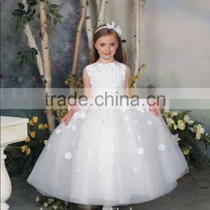 White Flowers High Neck Gown Kids Party Wear Dresses for Girls thumbnail-1
