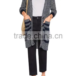 Newly Arrival Thick Black Strips Pattern Cardigan Knitwear for Women With Button Fastening and Two Waist Pockets thumbnail-2