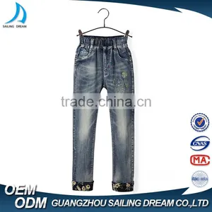 New Products Good Quality Elastic Waist Roll up Hem 3D Rose Printing Blue Wholesale Jeans Pants for Kids thumbnail-1