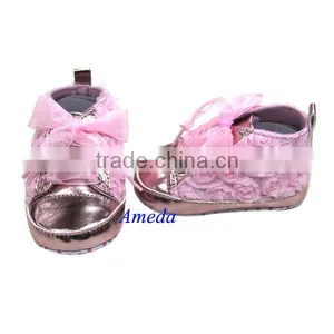 Baby Girls Light Pink Ribbon Rosettes Bling Crib Shoes Sneaker Booties 0-18M thumbnail-1