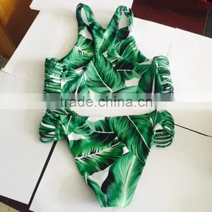 Girls Beach Bikini Green Leaves Printing Pattern Swimsuit Bikini thumbnail-2