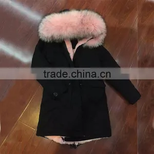 2017 FASHION Women Winter Wear Light Pink Fur Long Black Jacket Raccoon Fur Collar Mrs Furs Parka thumbnail-1