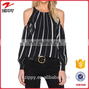 Fashion Cutting Chiffon Blouse Design Black Withe Stripe Cold Shoulder Lady Blouse thumbnail-1