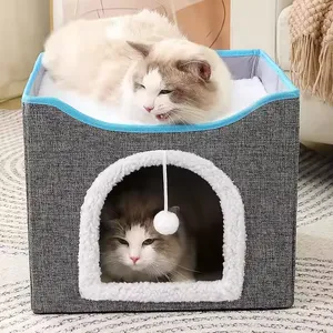 Meow Love High Quality Foldable Cat Scratcher House Covered Kitty Cave Beds Cute Modern Cat Condo for Indoor Cube House thumbnail-5