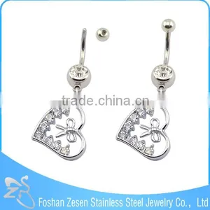 China Manufacturer Surgical Steel Hanging Pink Crystal Heart Bow Belly Ring thumbnail-2