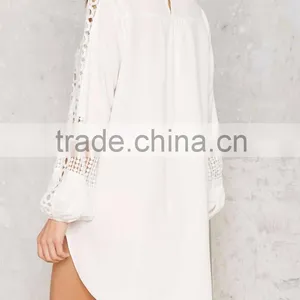 2016 Latest Design Long Sleeves Ladies Crochet Trim White Tunic Dress thumbnail-4