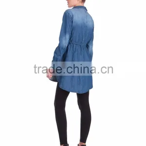 Washed Denim Maternity Support Band Long Shirt Style Dress thumbnail-2