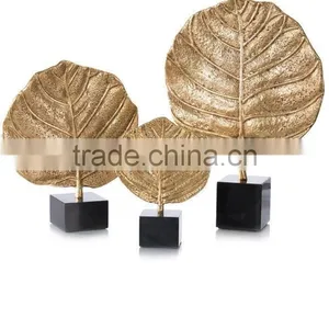 Gold Plated Round Leaf With Black Marble Base Sculpture thumbnail-1