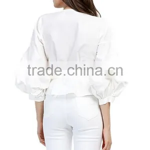 2017 New Fashion Solid Tie Belt Puff Sleeve Tops thumbnail-3