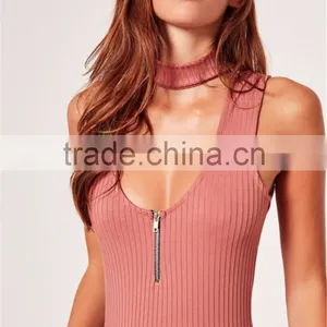 Pink Cut Out Mock Neck Zipper Infront Sleeveless Bodysuit Cotton Blends Sexy Scoop Neck Sweater thumbnail-3