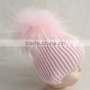 Myfur Baby Pink Raccoon Fur Pom Pom Knitting Hat With Raccoon Fur Bobble thumbnail-3