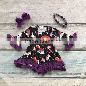 Dress Spring Summer Baby Girls Ruffles Unicorn Rainbow Dress Clothing Cotton Boutique Outfits With Matching Bow & Necklace thumbnail-1