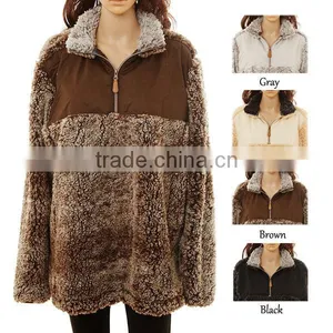 Wholesale Puffer Knitted Jersey Monogrammed Blank Youth Quarter Zip Jacket Sherpa Fleece Pullover for Women thumbnail-1