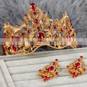 Bulk Indian Bridal Hair Accessories Baroque Red Rhinestone Gold Plated Queen Tiara and Crowns thumbnail-1