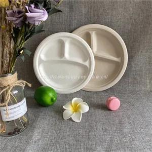 Hot Sale 10 Inch 26cm 3 Compartment Disposable 100% Compostable Bagasse Sugar Cane Plates thumbnail-1