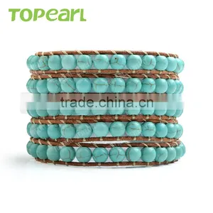 Topearl Jewelry Turquoise Fashion Bracelet Woven Leather Wrap Bracelet 33.5 Inches CLL135 thumbnail-1