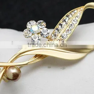 Fashion Crystal Leaf Pearl Matte Silver and Matte Gold Brooch thumbnail-3