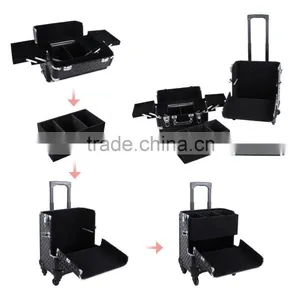 Aluminum Rolling Makeup Case 2 in 1 Cosmetic Artist Train Case Beauty Salon Organizer 4 Wheels Lift Handle thumbnail-3