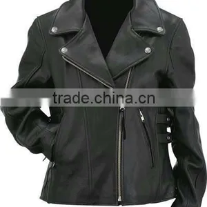 Ladies Black Classic Motorcycle Leather Jacket thumbnail-1