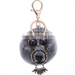 Rhinestone Owl Bag Keychain With 8cm Rabbit Fur Ball thumbnail-1