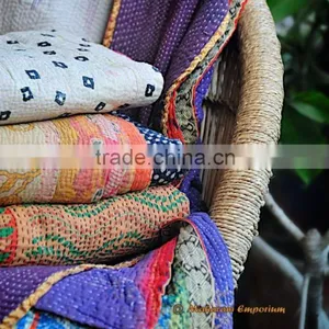 Throw Kantha Quilt Handmade Reversible Quilt Vintage Gudari Ralli Hand Stitched Kanth Recycled Sari Blanket thumbnail-1