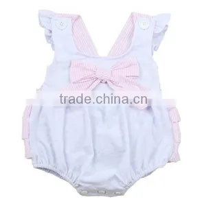 Wholesale 2016 Girls White Cotton Knit Baby With Pink Seersucker Bow and Ruffles Fancy Baby Girl Smocked Ruffle Bottom Bubble thumbnail-1