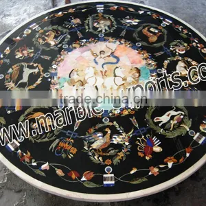 Italian Inlay Marble Dinning Table Top, Round Black Pietra Dura Table Top thumbnail-4
