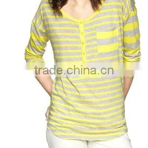 WOMEN'S STRIPED LONG SLEEVED T SHIRT WITH PLACKET OPEN thumbnail-1