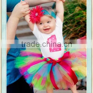 Baby Girl Infant NO.1 Appliqued Short Sleeved White Top Colorful Tutu Dress For 1st Birthday Photo thumbnail-1