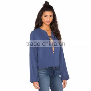 Fashion Lace Up Neck Designs for Ladies Blouse thumbnail-2