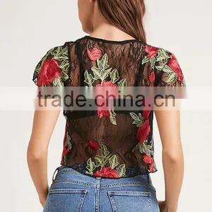 Guangzhou Shandao OEM Service Summer New Design Fashion Short Sleeve Black Lace Embroidered Womens Crop Top thumbnail-4