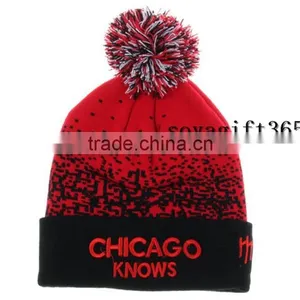 Dot Hip Hop Black Cuff Hat Knitted Warm Red Beanie Cap With Pom thumbnail-1