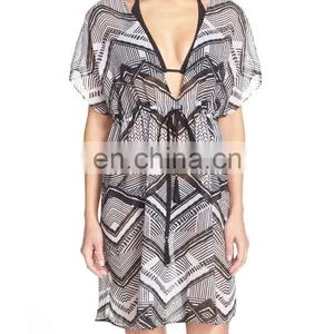 C84 Loose Fit Flutter Sleeves Cover-Up Tunic Printed Chiffon Beach Kaftan thumbnail-2