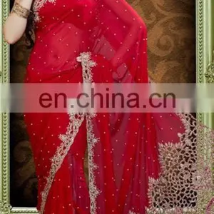 Hot Red Stone Crystal Work Wedding Saree thumbnail-1