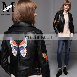 Hot Selling OEM Fashion Latest Womens Jackets Short Sheep Skin Moto Biker Leather Jacket thumbnail-5
