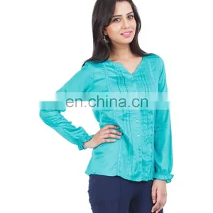 Green Top With Pin Tuck Detailing for Ledies Printed Three Quarter Sleeve Blouse in Chiffon With Lace Collar See Larger Image thumbnail-5