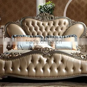 European Style Solid Wood With Genuine Leather Bed, Royal Bedroom Carved Furnitur Bed, Royal Bedroom Furniture (BF01-ML013) thumbnail-2