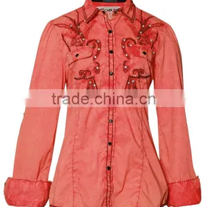 Womens Cotton Poplin Shirt With Heavy Emboridery,crystal Decoration Shirt With Two Chest Pockets,roll up the Sleeves thumbnail-1