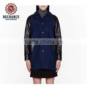 AB1502 Women Leather Sleeves Wool Long Coats thumbnail-1