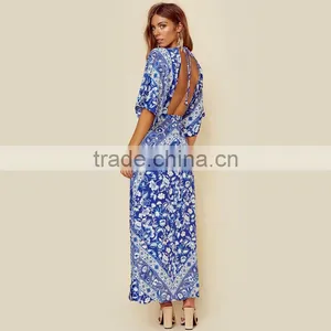 Gypsy Boho Hippie Printed Clothes Half Sleeve Backless Floral Maxi Dress thumbnail-4